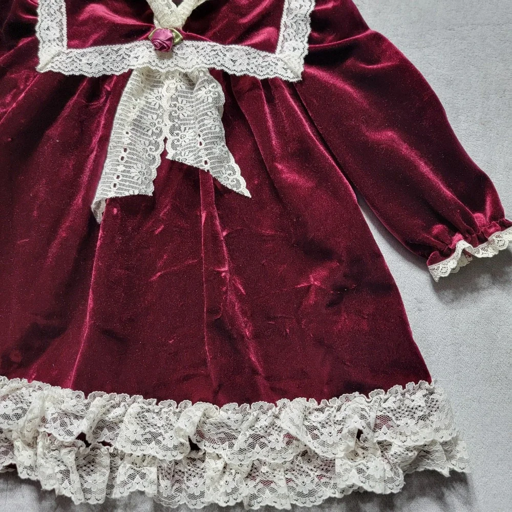 Little Precious‎ Vintage Burgundy Velvet Lace Dress Girls 24M Holiday Christmas